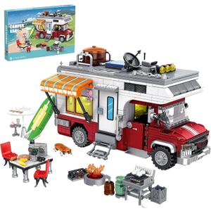 CSNRHG Camping Van Construction Toy 924 Pieces Building Block Set with Picnic Table Grill & Fire Scene Gift for Kids Teens & Vehicle Fans