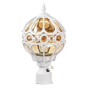 Dusk to Dawn White Outdoor Post Lights, Exterior Waterproof Rustproof Sphere Outside Post Lamps Fixture, Farmhouse Aluminum Pillar Lantern for Porch House Pathway Fence Yard Garden Patio，With Sensor