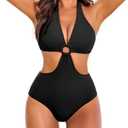 AI'MAGE Women's One Piece Swimsuits Tummy Control O Ring Cutout High Waisted Bathing Suit Tie Back Swimwear, 2XL