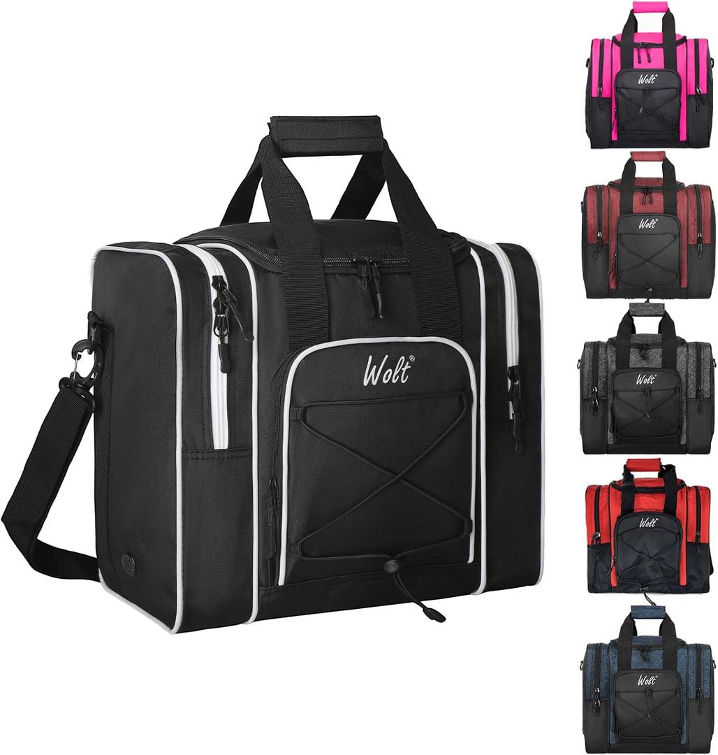 WOLT Bowling Ball Bag for Single Ball - Bowling Ball Tote Bag with Padded Ball Holder, 2 Pockets fit Bowling Shoes Up to Mens Size 14 and Accessories (Black)