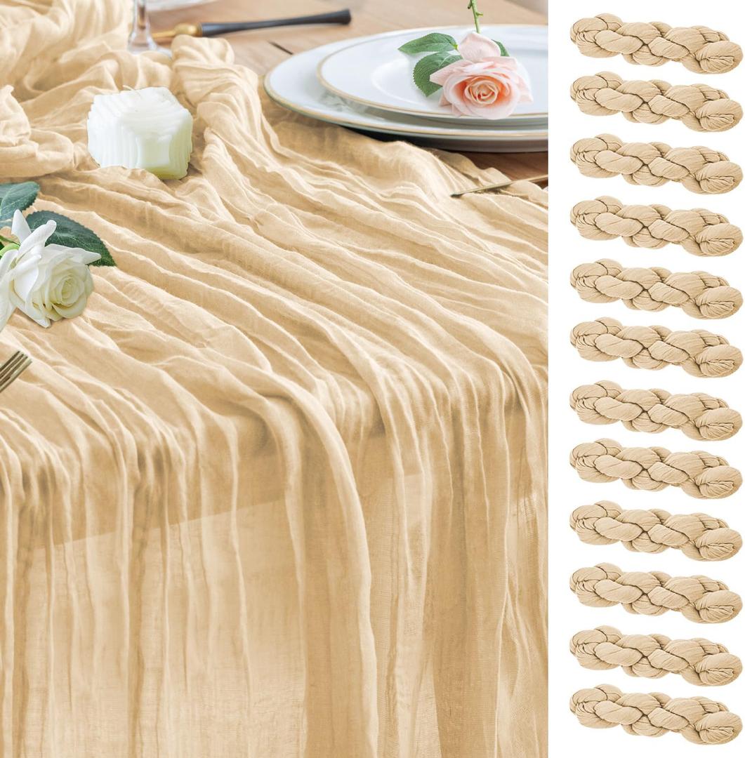 Wokceer Cheesecloth Table Runner 12Pack 10FT Sand Christmas Gauze Cheese Cloth Table Runner for Party Long Rustic Sheer Table Runners for Baby Bridal Shower Wedding Easter Decor