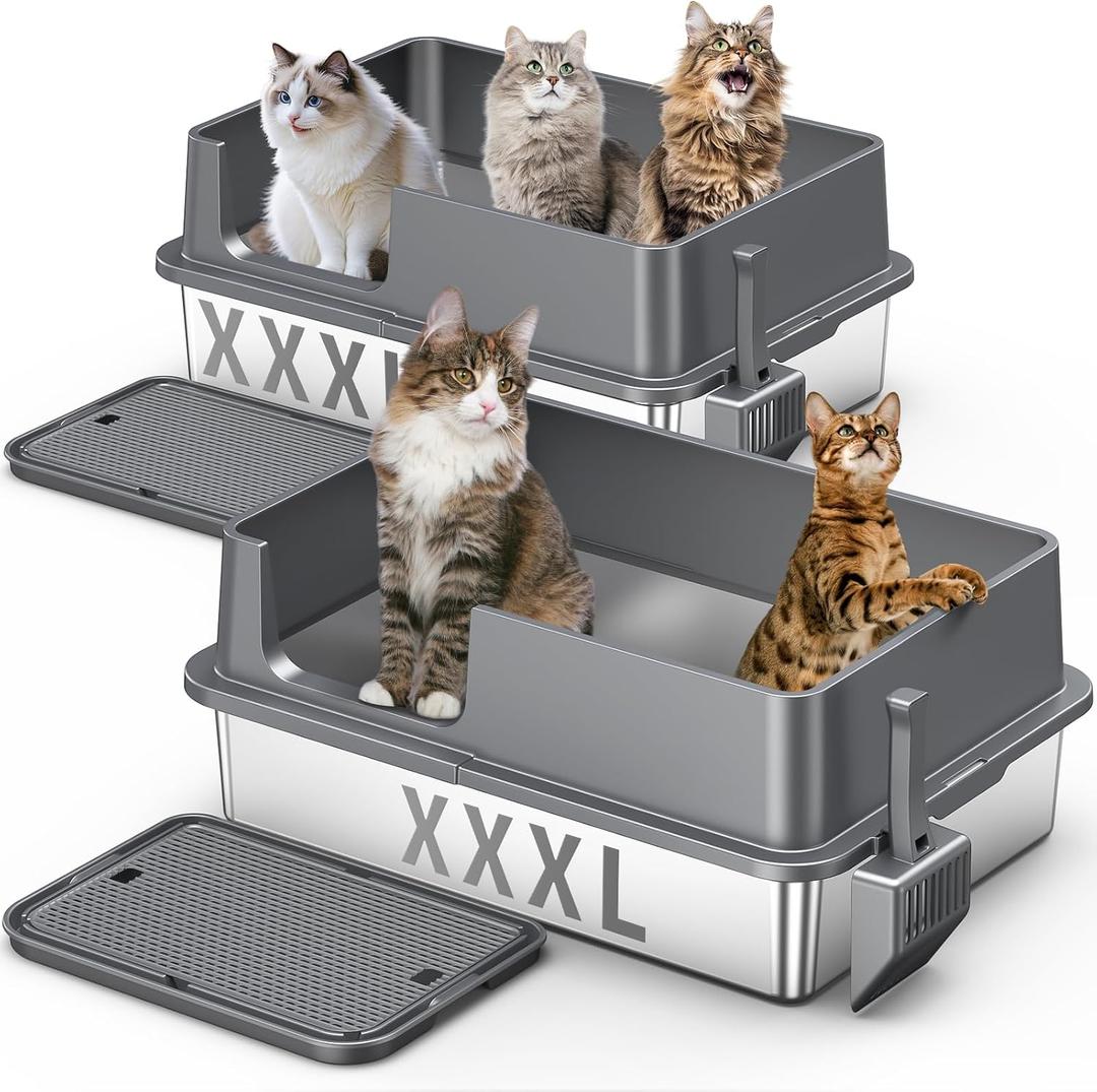 2PACK XXXL Stainless Steel Cat Litter Box with High Sides Lid, Large Litter Box for Big&Multiple Cats, Metal Kitty Litter Boxes with Footboard & Scoop, Anti-Leakage, Non-Sticky, 28.320.211.5inch