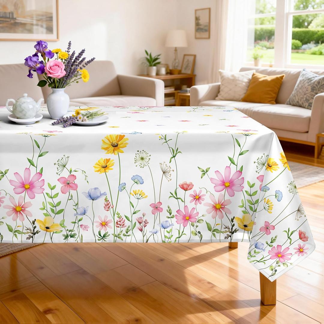 Wildflower Grass Tablecloth Waterproof, Pink Flowers Table Cloth Rectangle Stain Resistant, Washable Table Cover for Home Kitchen Dining Party Decoration (60x120 Inch)