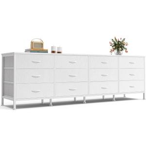 Huuger 70 Inch Dresser for Bedroom, TV Stand for 65, 75, 80 Inch TV, 12 Fabric Drawer Long Dresser, Large Storage Organizer Unit, Wide Chest of Drawer with Storage, for Living Room, White