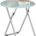 Folding TV Trays, Round Tray Table, Small Foldable Table with Light Weight, Portable Dinner Table for Eating, Snack Side Trays Table, 17.5 x 17.5 x 26 in (Ocean Blue Marble) (1pc)