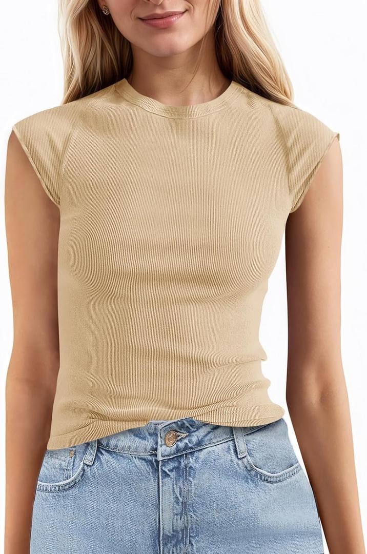 Tankaneo Womens Cap Sleeve Tops Crew Neck Ribbed Knit T Shirt Summer Casual Slim Fit Basic Tees Tshirt (Beige)