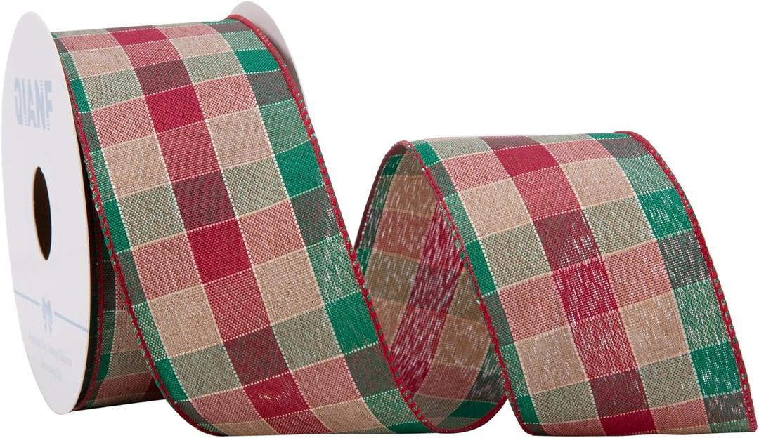 Burlap Plaid Wired Edge Ribbons 2.5" x 10 Yards, Buffalo Check Christmas Ribbon for Christmas Tree Decoration, Bow Making, Gift Wrapping, Wreath, DIY Craft, Farmhouse Home Deor, Red/Green/Beige