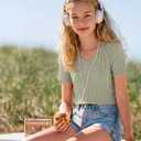 4 Pack Girls Short Sleeve Shirts Ribbed V Neck Tops Fitted Kids Soft Basic Tees Summer