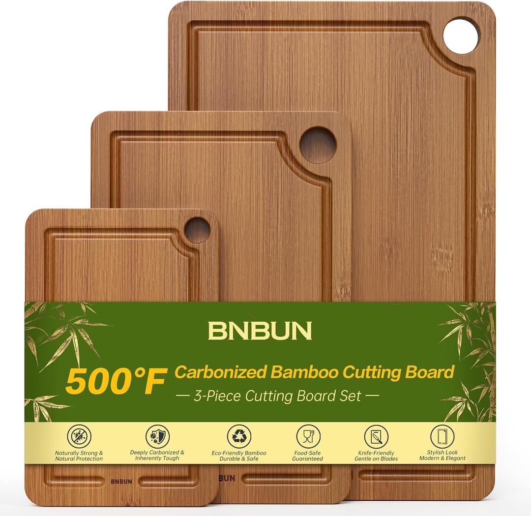 Bamboo Cutting Board for Kitchen, 3-Piece Set with Juice Grooves, Side Handles & Non-Slip Mats  Durable Bamboo Chopping Board for Meat, Vegetables and Fruits