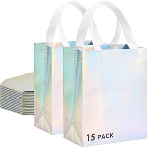 RACETOP 15 Pcs Iridescent Glossy Gift Bags Medium Size, 8x4x10 Inch Holographic Reusable Gift Bags with Handles & Sturdy Base, Ideal for Birthday, Wedding, Bachelorette, Party Favors, Holiday Goodie