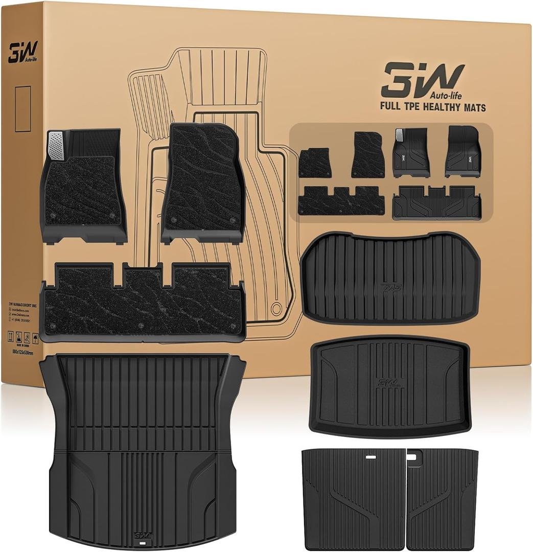 3W Tesla Model 3 Highland 2024-2026 Floor Mats & Cargo Liner
Full Set with Metal Pedal, Include Starry Sky Carpets, All Weather TPE, Custom Fit Rear Trunk Mat, Model 3 Accessories, Black