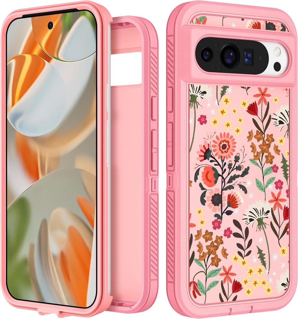 for Google Pixel 9 Pro XL Case - Women Girls Cute Cover Girly Aesthetic Kawaii Unique Design Teens Floral Flowers Heavy Duty Shockproof Protective Phone Case for Pixel 9 Pro XL 6.8 Inch