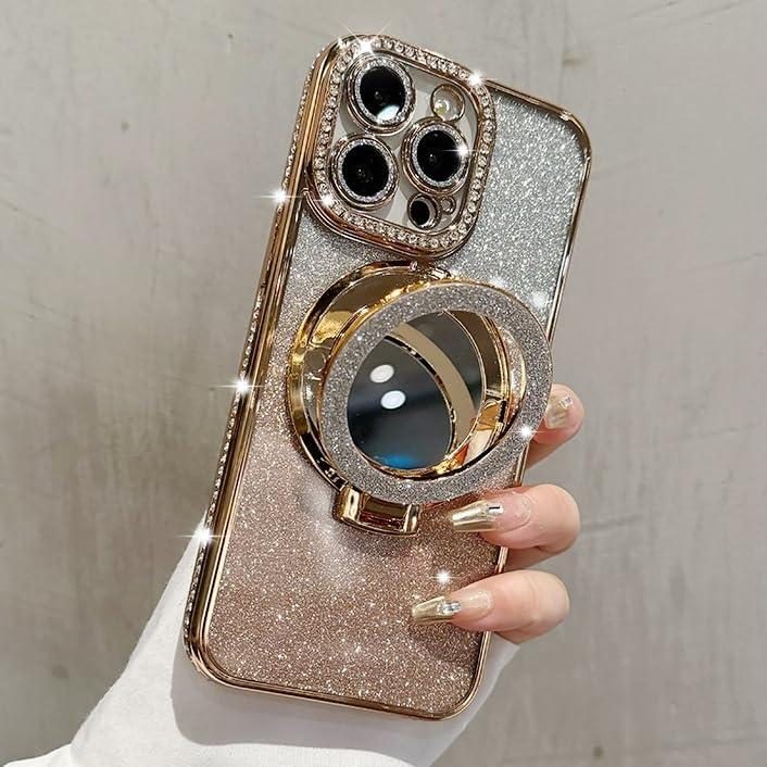 Mirror Kickstand Glitter Diamond Case for iPhone 15 14 13 12 Pro Max,Magnetic Stand Holder,Camera Lens Protector Compatible with Magsafe, Rhinesetone Bing Cover Case (Gold,for iPhone 16 Pro)