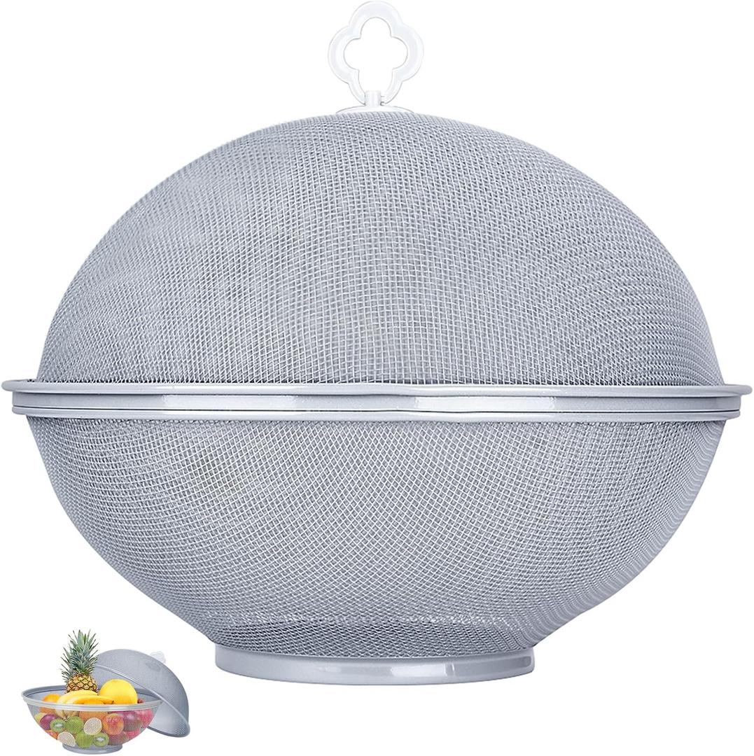 Metal Mesh Fruit Bowl with Lid & Basket - Fruit Fly Proof Kitchen Counter Storage for Fruits & Veggies (Grey/1PCS)