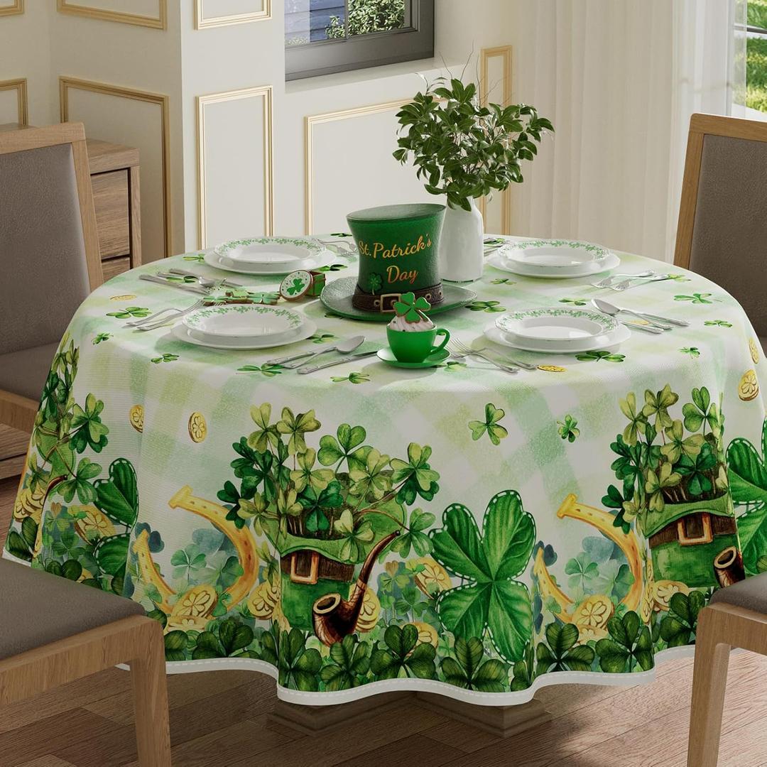 XCHI Watercolor Green Hats Shamrocks Clovers Coins Horseshoes St. Patrick's Day Tablecloth Round Table Cloth Washable Table Covers for Indoor Dining Home Party Decorations 60x60 Inch