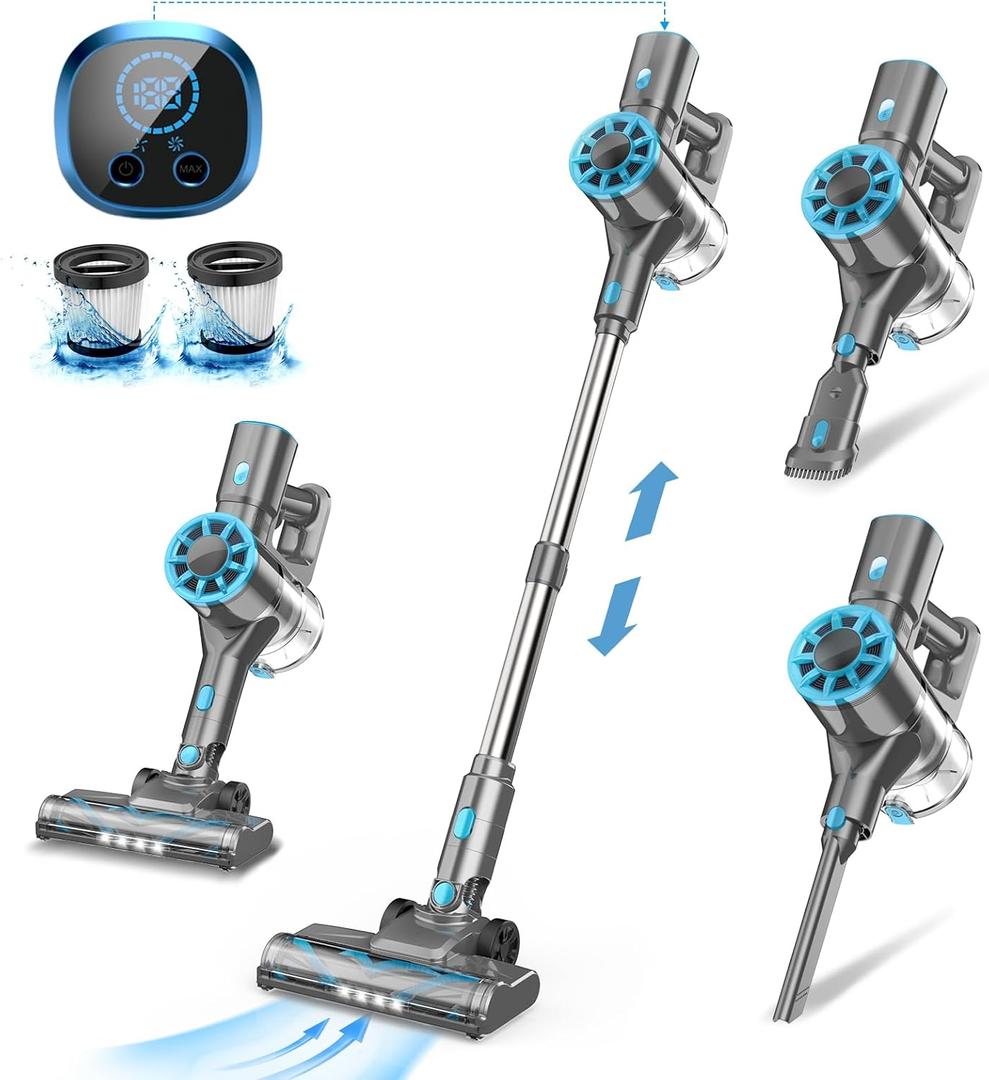 Vazone Cordless Vacuum Cleaner, Lightweight Stick Vacuum Cleaner with Self-Standing, Rechargeable Battery and LED Display, Vacuum Cleaners for Home Hardwood Floor-Blue