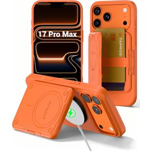 PROfezzion for iPhone 17 Pro Max Case Wallet 3-Card Holder with MagSafe, Triple-Sided Magnets, RFID Blocking, Wireless Charging, Kickstand, Drop Protection Rugged Magnetic Case Protector - Orange