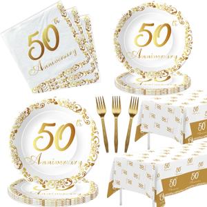 APOWBLS 50th Anniversary Decorations And Supplies Tableware - Golden 50th Wedding Anniversary Decorations Party Supplies, Paper Plate, Napkin, Tablecloth, Fork | Serves 24
