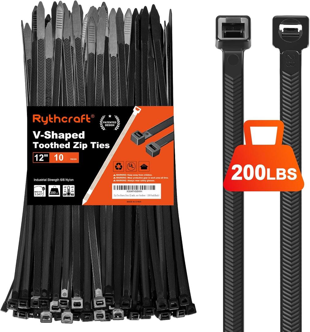 Zip Ties Heavy Duty 12 inch，V-Shaped Toothed Double Sided 200 LBS
Tensile Strength Cable Ties Large Wire Ties Adjustable Nylon Tie Wraps for Indoor Outdoor Patented Design （80 Pack Black）