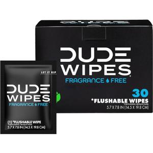 DUDE Wipes On-The-Go Flushable Wipes - 1 Pack, 30 Count - Unscented Extra-Large Individually Wrapped with Vitamin E & Aloe - Septic and Sewer Safe