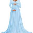 Saslax Maternity Off Shoulders Long Sleeve Half Circle Gown for Baby Shower Photo Props Dress Light Blue 59 Large