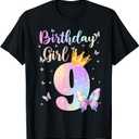 Birthday Girl 9 Year Old Butterfly Theme Party 9th Bday Kids T-Shirt (Black, M)