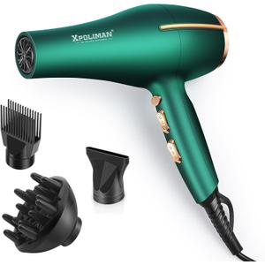 Pro Ionic Salon Hair Dryer,Xpoliman Blow Dryer,Powerful 2000 Watt with AC Motor,Quick Drying Hairdryers Diffuser Fast Dryer Lightweight Best Soft Touch Body Green & Gold