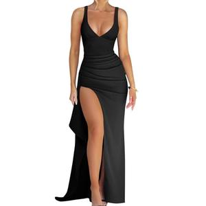 Memoriesea Women's Sexy Plunge Neckline Bodycon Ruched High Slit Party Maxi Dress Black, M