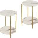 2 Tier Round Side Table, Folding End Tables Coffee Table Simplistic Sofa Table Waterproof Removable Tray Table Indoor Outdoor Accent Table for Living Room Bedroom (Faux Marble White, 2pcs)