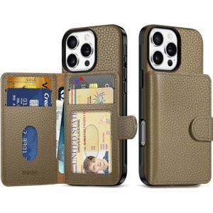 SHIELDON Wallet Case for iPhone 16 Pro 6.3", Genuine Leather Non-Detachable Magnetic RFID Blocking Card Wallet with 6 Card Slots, Slim Shockproof Cover Compatible with iPhone 16 Pro - Pebbled Khaki