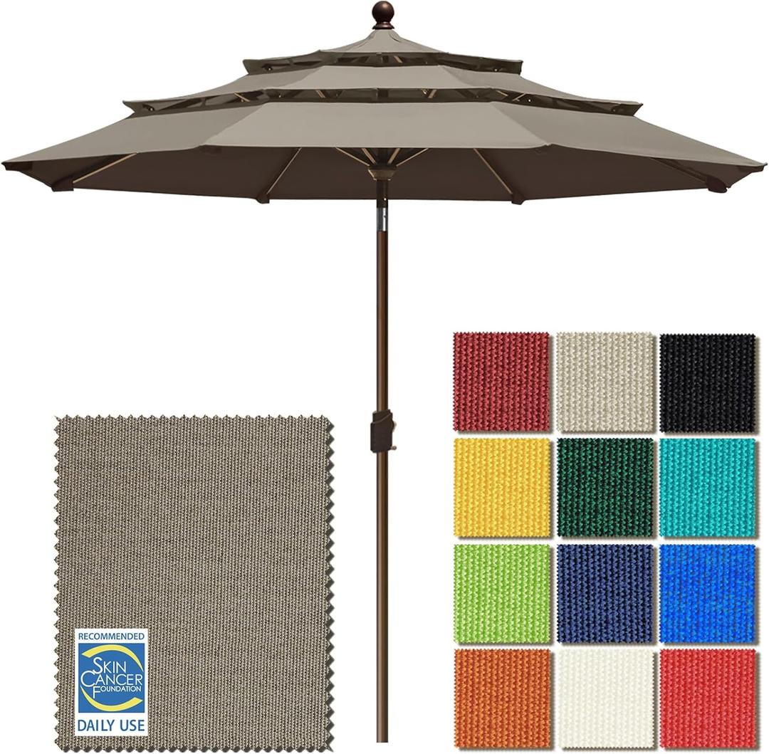 EliteShade USA 10-Year-Non-Fading 9ft 3-Tier Market Patio Umbrella, Commercial Grade Outdoor Table Umbrella with Crank Open, Windproof & UPF 50+ UV Protection, Heavy Duty Ventilation for Garden, Deck, Pool, Backyard, Beach & Bistro, Taupe