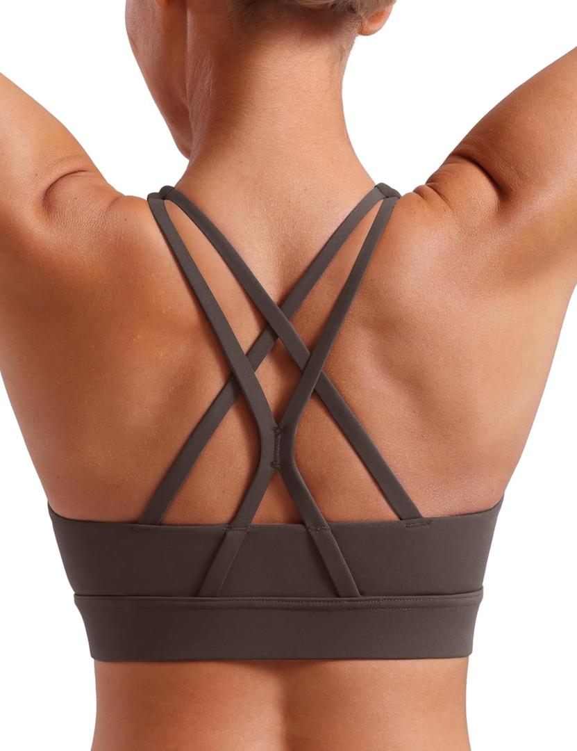 POSHDIVAH Women's Mid-Impact Sports Bra with Removable Padding - Criss Cross Back for Yoga, Running & Gym Workouts (Medium, Brown)