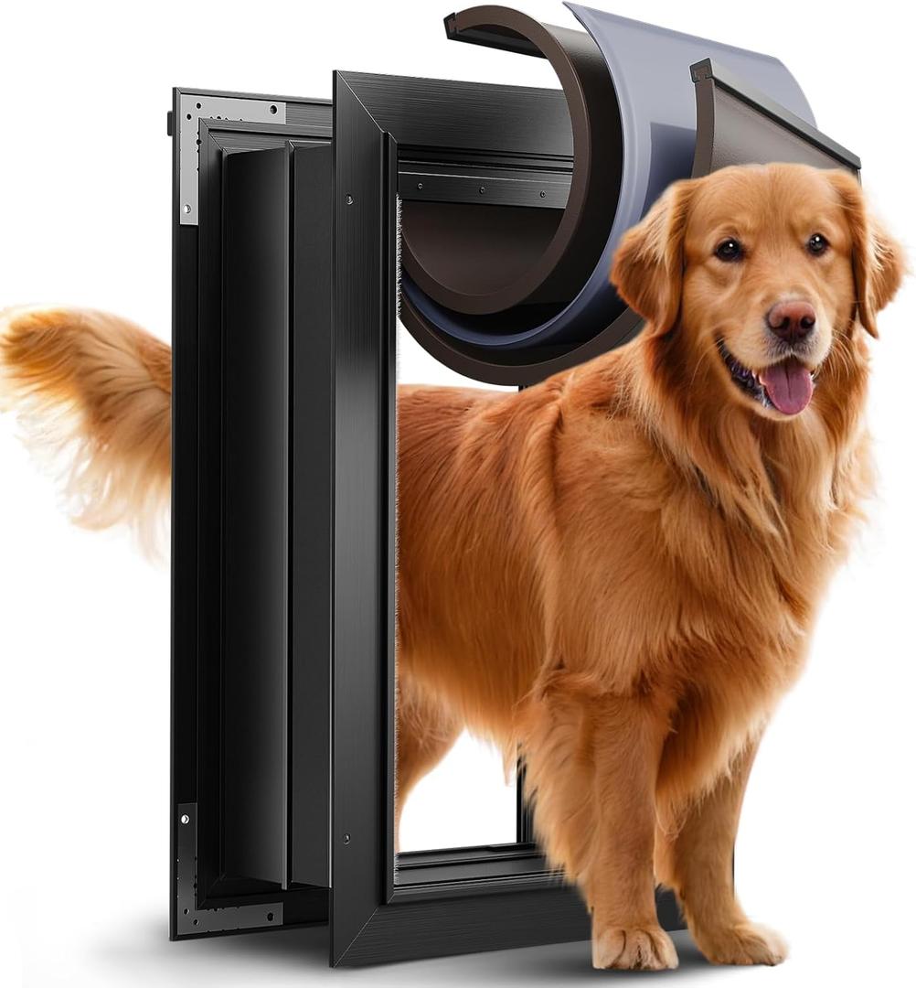 3-Flap Dog Door, All Aluminum Alloy Large Doggy Door Doggie door for Wall, Heavy Duty Pet Door Easy to Install, Energy Efficient, Telescoping Tunnel for Interior & Exterior Wall, Pet Up to 110Lb-Black