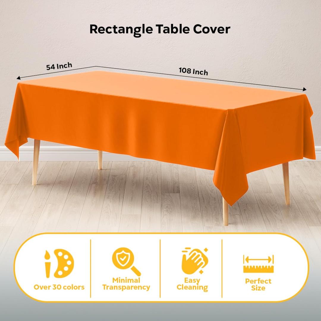 Exquisite 10-Pack Premium Plastic Tablecloth Rectangle Table Cover - Orange 54x108
