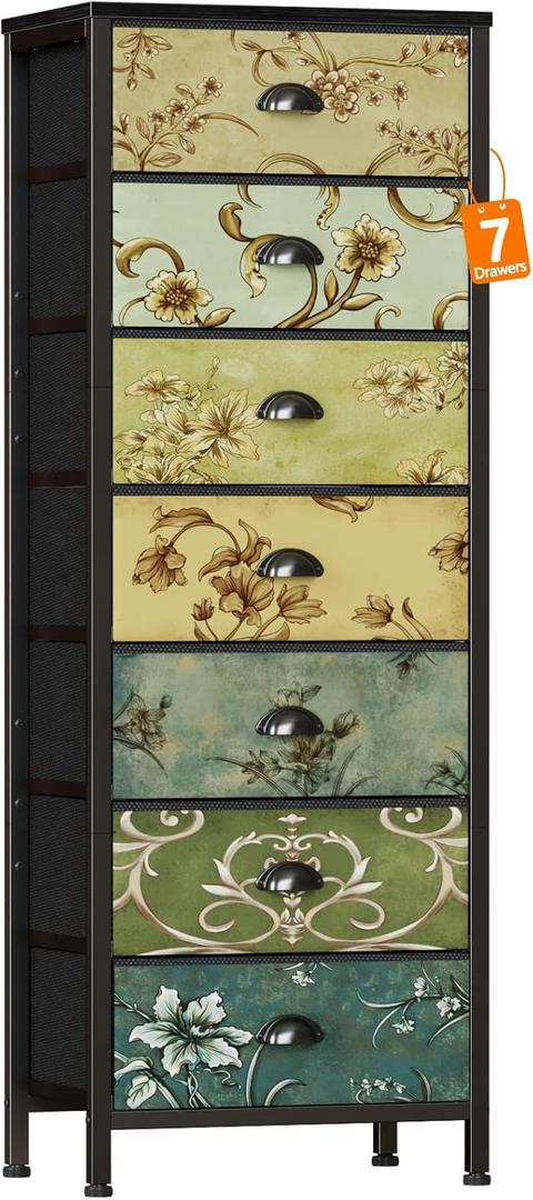 Furnulem Tall Dresser for Bedroom with 7 Fabric Drawers, Vintage Dressers & Chest of Drawers, Vertical Storage Tower Organizer Unit Retro Bedside Furniture in Closet,Living Room,Nusery,Dorm,Entryway (15.8"D x 43.3"W x 11.4"H (7 Drawers))