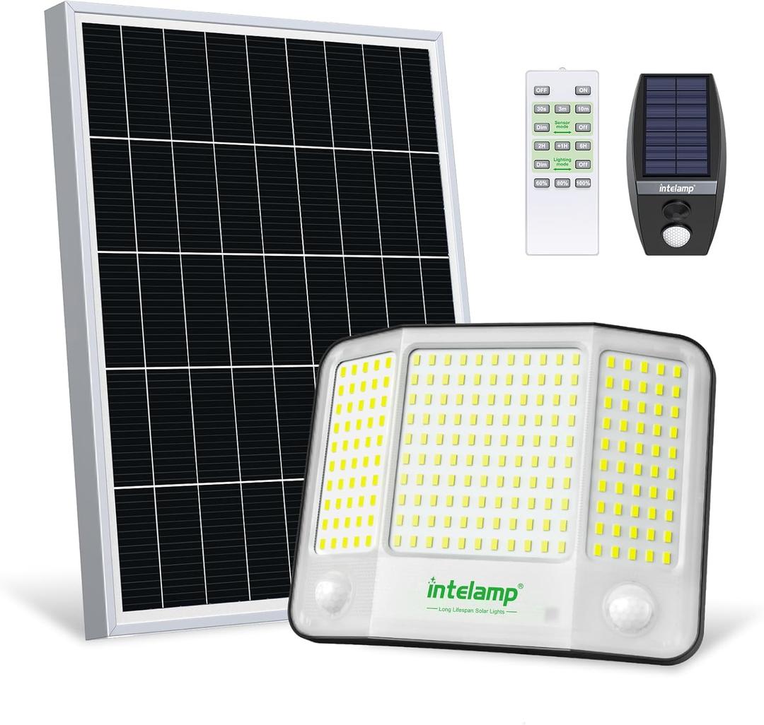 intelamp Solar Flood Lights Outdoor Waterproof, 20000mAh 4000LM Linkable Dual Motion Sensor Security Floodlight Exterior with Remote 16.4 FT Cable, 2-12H Dusk to Dawn Spots Lighting Outside (Large)
