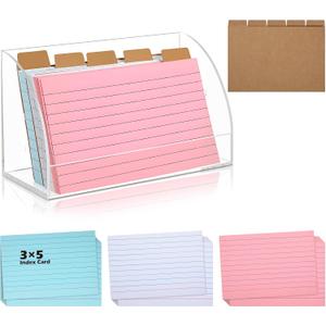 2 x Affrolling 3 x 5 Inch Acrylic Index Card Box with 100 Pcs Color Index Cards and 5 Pcs Kraft Divider Clear Flash Card Display Holder for Office Business Desktop Recipe Notecard Storage Box Study Work