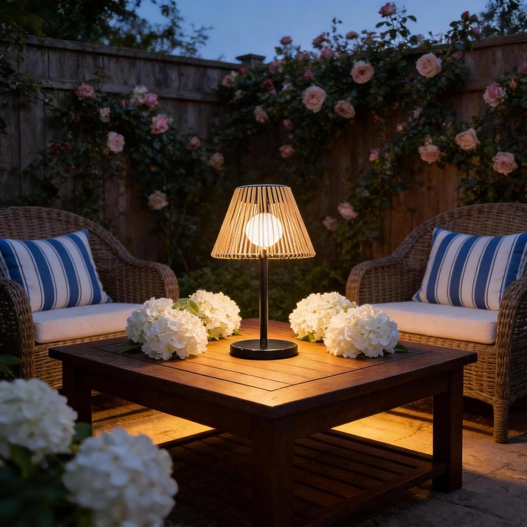 Solar Powered Table Lamp, Rattan Wicker Shade, Khaki Color, PP and Iron Material, Garden Courtyard Lawn Decor, 8.66 x 15.94 Inches