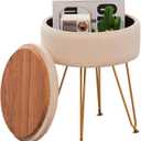 Wimarsbon Ottoman Footstools Round Velvet Footrest Stool with Storage Space Soft Vanity Chair with Memory Foam Seat Small Side Table Step Stool 4 Gold Metal Legs with Adjustable Footings Beige