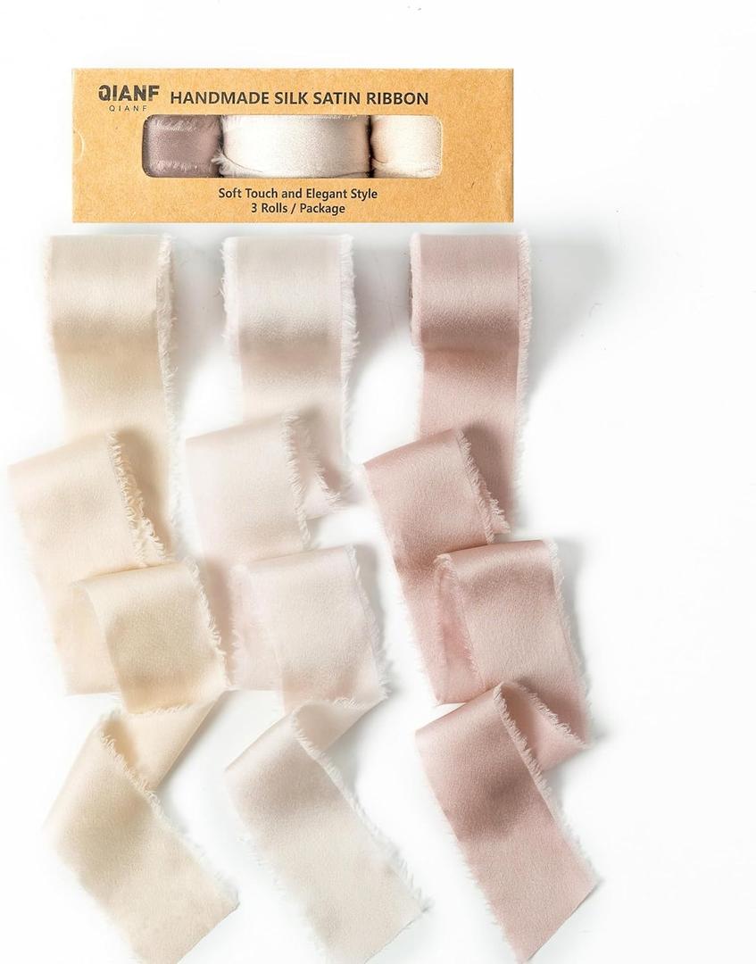 Nude Pink/Champagne/Dusty Rose Handmade Fringe Satin Silk Ribbon 1-1/2 inch x 21 Yard Frayed Edges Ribbons for Wedding Invitations, Flower Bouquets, Gifts Wrapping, Bridal Shower, Holiday Decor