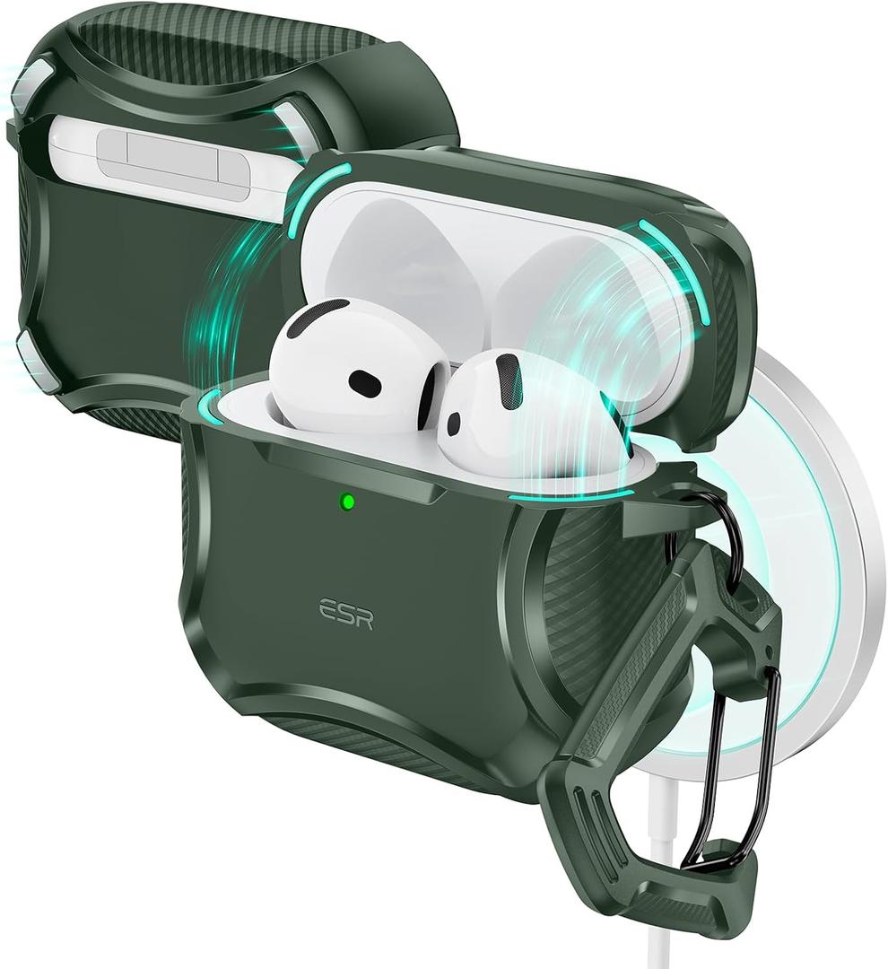 ESR for AirPods 4 Case, Compatible with AirPods 4th Generation Case (2024), Compatible with MagSafe, Powerful Drop Protection, Magnetic Lid, Cyber Series, Green