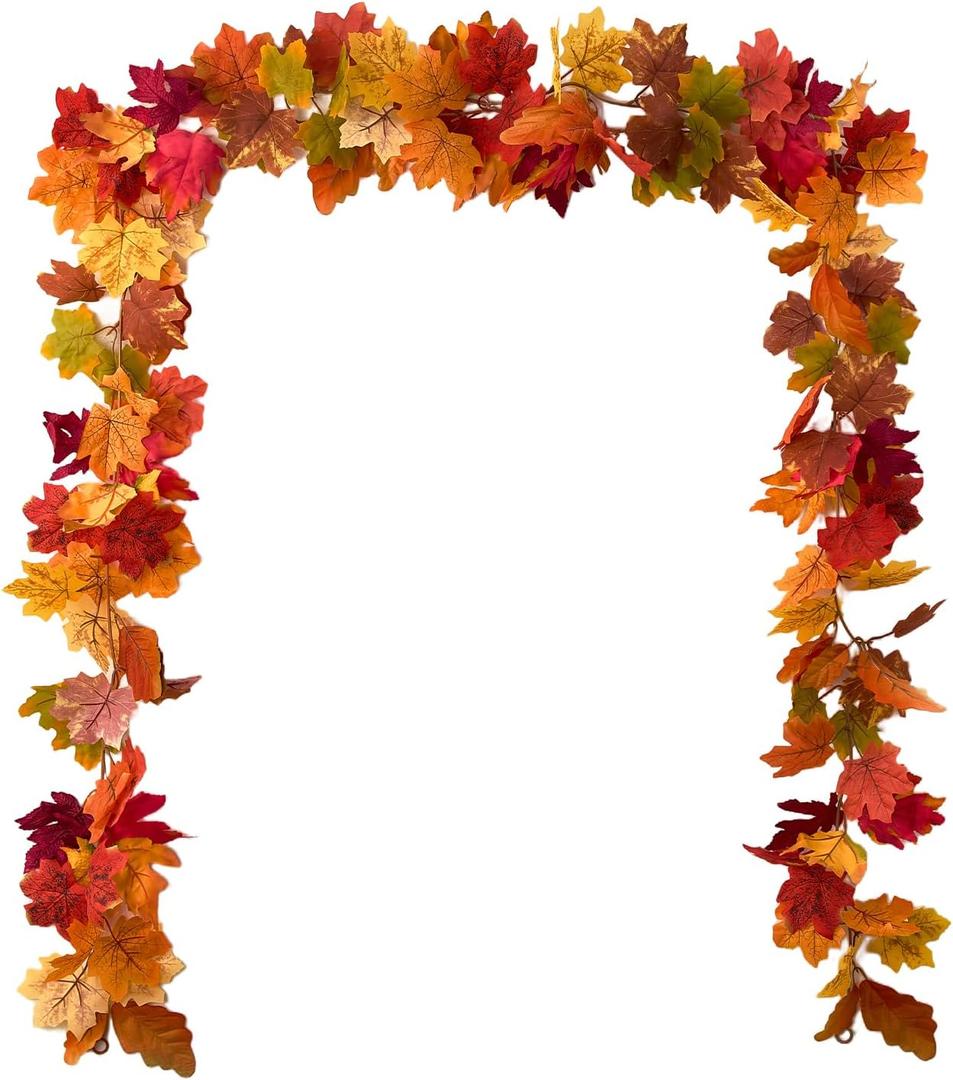 Sherika 2PCS Fall Maple Leaves Garland, 5.9Ft/Piece Artificial Fall Garland for Mantle, 9 Colors Autumn Foliage Vine Thanksgiving Decor for Home Wedding Fireplace Party Outdoor Decor