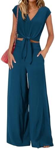 PRETTYGARDEN Women's Summer 2 Piece Outfits 2026 Cap Sleeve V Neck Belted Crop Tops Wide Leg Pant Sets Casual Tracksuit M