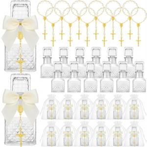 Chuangdi 24 Pcs 12 Sets Holy Water Bottles Baptism Favors for Guest Holy Water Container with Cross Rosary Organza Bag Bow 50ml Glass Empty Container for Communion Christian Wedding (Elegant,White)