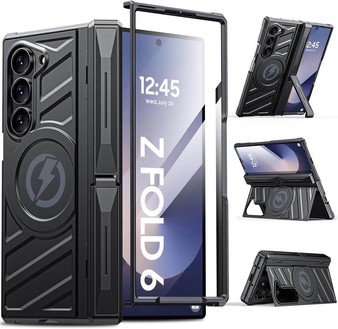 Magnetic for Galaxy Z-Fold-6 Case: Heavy Duty Armor Phone Case [Compatible with MagSafe][Hinge Protection][Dual Kickstand] Shockproof TPU+PC Cover for zfold 6 5G 2024 Black
