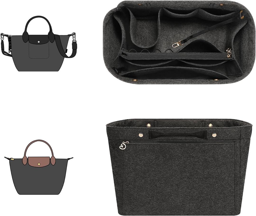 GIVLEFLY Felt Purse Organizer Insert Fit for Longchamp Le Pliage Original Short Handle Tote Bag Organizer Insert with Cup Holder,Light Weight Multiple Pockets Purse Liner (Dark Grey,Small)