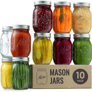 Paksh Novelty Mason Jars with Lids & Sealer - 5 Pack 16 Oz Regular Mouth Glass Canning Jars - Food Storage Container - Airtight Container for Pickling, Candles, Overnight Oats, Fruit Preserves