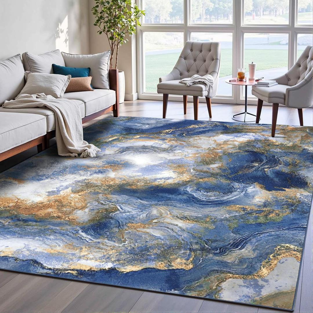 Abstract Marble Area Rugs for Living Room, 8x10 Soft Durable Lightweight Low Pile Carpet with Non-Slip Backing Stain-Resistant Modern Machine Washable for Bedroom Dining Room, Blue/Gold