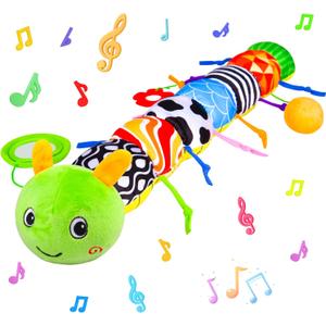 Baby Toys 0-6 6-12 Months, Stuffed Animal Infant Tummy Time Toys Sensory Toys with Crinkle, Rattles, Textures and Mirror Gifts for Newborn Boy Girls Toddlers, Caterpillar Musical Toy (Green)