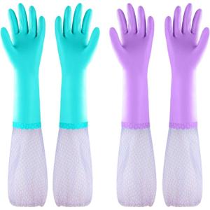 Elgood Reusable Long Sleeve Dishwashing Cleaning Gloves with Latex Free,Cotton Lining,Kitchen Gloves 2 Pairs,Purple+Blue L